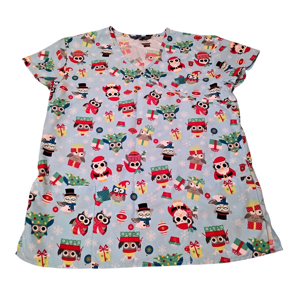 Women's‎ Size Small Christmas Owl Print Scrub Top, Excellent Condition